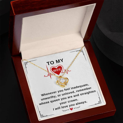 To My Wife Necklace With Message Card, Love Knot Necklace (Yellow & White Gold Variants), Wife Gift From Husband, Anniversary Gift for Wife, Sentimental Gift for Wife, Birthday Gift for Wife.