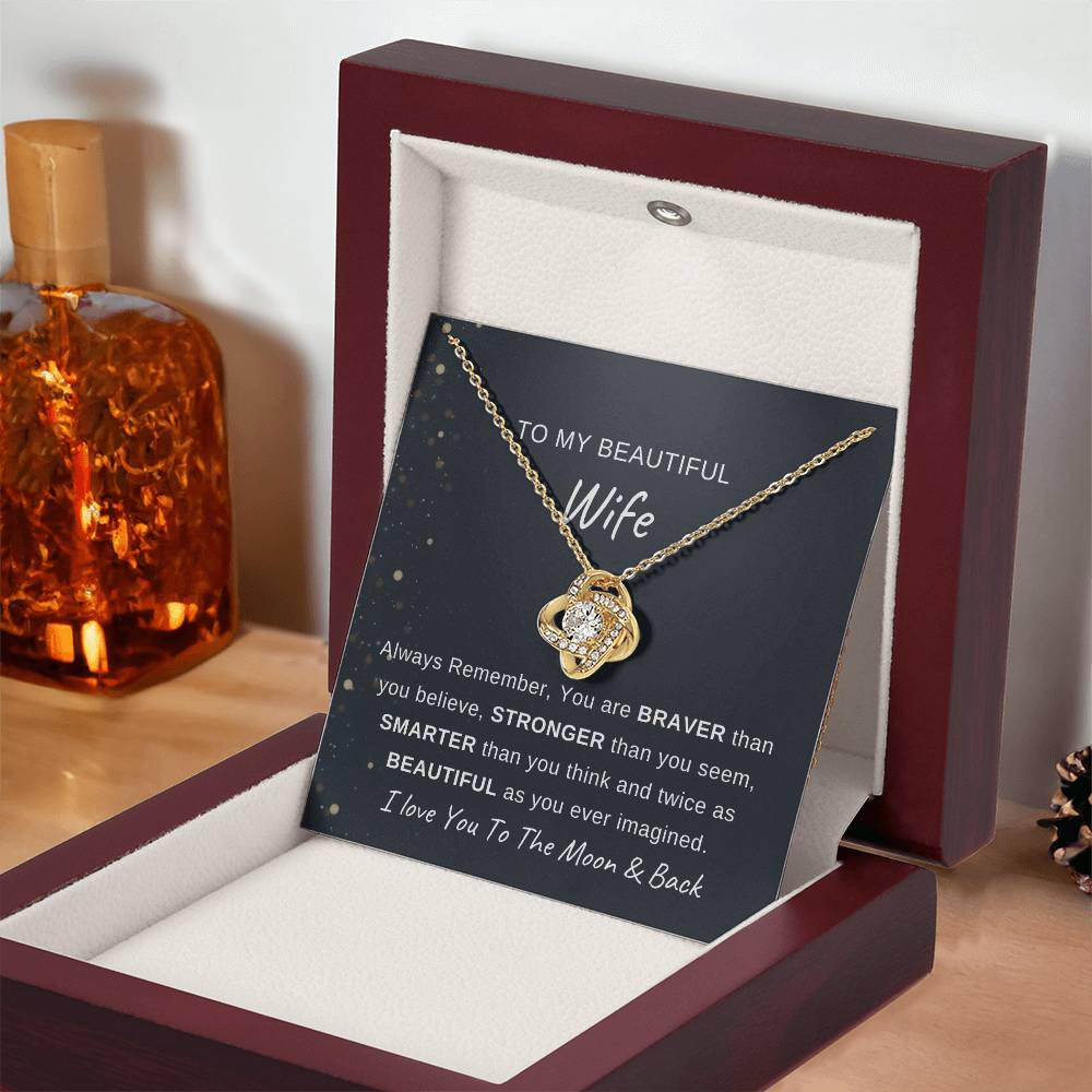 To My Wife Necklace With Message Card, Love Knot Necklace (Yellow & White Gold Variants), Wife Gift From Husband, Anniversary Gift for Wife, Sentimental Gift for Wife, Birthday Gift for Wife.