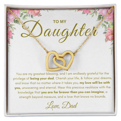 My Daughter, Gift From Dad, Inspirational Strength Gift, Daughter Necklace, Interlocking Hearts Necklace (Yellow & White Gold Variants)