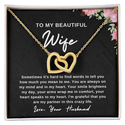 To My Wife Necklace With Message Card, Wife Gift From Husband, Anniversary Gift for Wife, Sentimental Gift for Wife, Birthday Gift for Wife. Interlocking Hearts Necklace (Yellow & White Gold Variants)