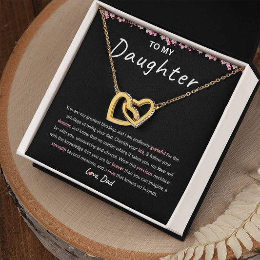 My Daughter, Gift From Dad, Inspirational Strength Gift, Daughter Necklace, Interlocking Hearts Necklace (Yellow & White Gold Variants)