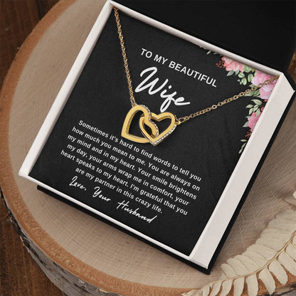 To My Wife Necklace With Message Card, Wife Gift From Husband, Anniversary Gift for Wife, Sentimental Gift for Wife, Birthday Gift for Wife. Interlocking Hearts Necklace (Yellow & White Gold Variants)