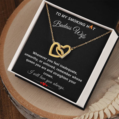 To My Wife Necklace With Message Card, Wife Gift From Husband, Anniversary Gift for Wife, Sentimental Gift for Wife, Birthday Gift for Wife. Interlocking Hearts Necklace (Yellow & White Gold Variants)