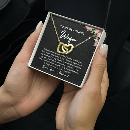 To My Wife Necklace With Message Card, Wife Gift From Husband, Anniversary Gift for Wife, Sentimental Gift for Wife, Birthday Gift for Wife. Interlocking Hearts Necklace (Yellow & White Gold Variants)