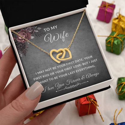 To My Wife Necklace With Message Card, Wife Gift From Husband, Anniversary Gift for Wife, Sentimental Gift for Wife, Birthday Gift for Wife. Interlocking Hearts Necklace (Yellow & White Gold Variants)