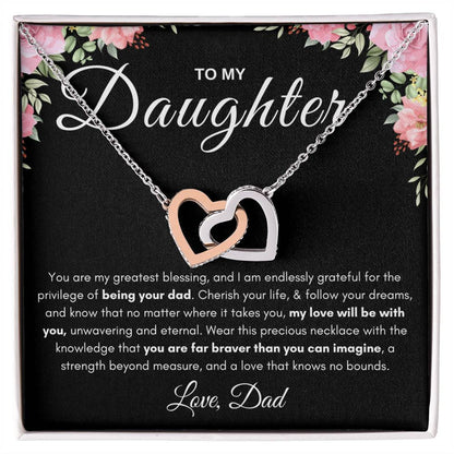 My Daughter, Gift From Dad, Inspirational Strength Gift, Daughter Necklace, Interlocking Hearts Necklace (Yellow & White Gold Variants)