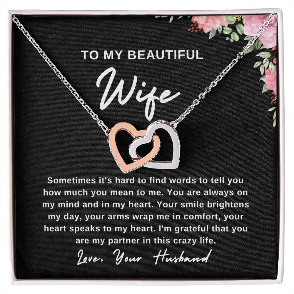 To My Wife Necklace With Message Card, Wife Gift From Husband, Anniversary Gift for Wife, Sentimental Gift for Wife, Birthday Gift for Wife. Interlocking Hearts Necklace (Yellow & White Gold Variants)