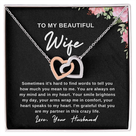 To My Wife Necklace With Message Card, Wife Gift From Husband, Anniversary Gift for Wife, Sentimental Gift for Wife, Birthday Gift for Wife. Interlocking Hearts Necklace (Yellow & White Gold Variants)