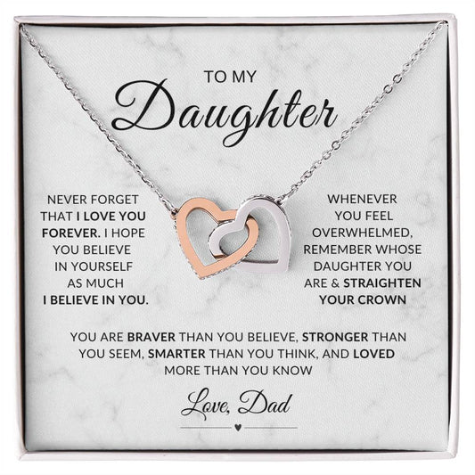 My Daughter, Gift From Dad, Inspirational Strength Gift, Daughter Necklace, Interlocking Hearts Necklace (Yellow & White Gold Variants)