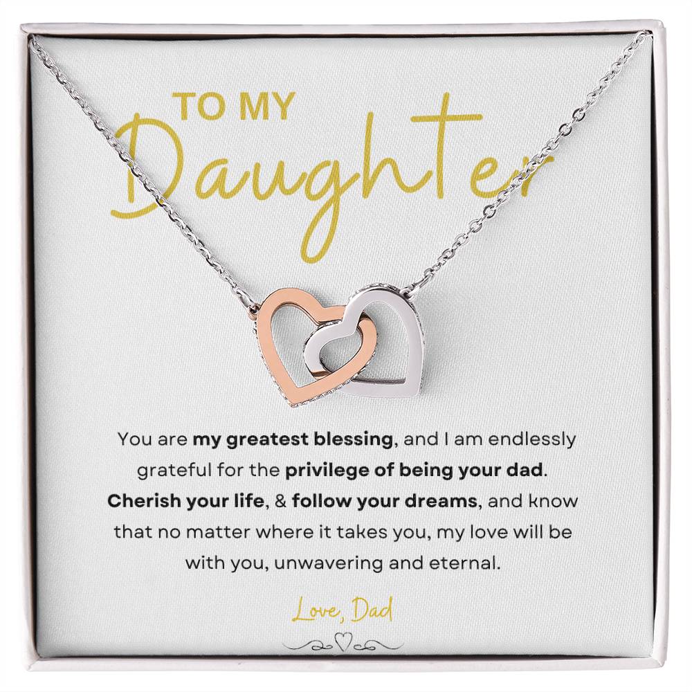 My Daughter, Gift From Dad, Inspirational Strength Gift, Daughter Necklace, Interlocking Hearts Necklace (Yellow & White Gold Variants)