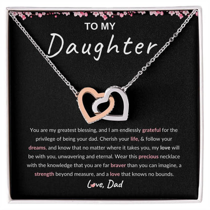 My Daughter, Gift From Dad, Inspirational Strength Gift, Daughter Necklace, Interlocking Hearts Necklace (Yellow & White Gold Variants)