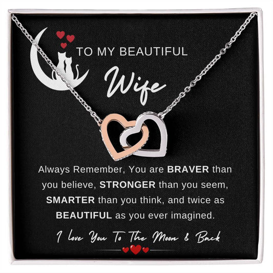 To My Wife Necklace With Message Card, Wife Gift From Husband, Anniversary Gift for Wife, Sentimental Gift for Wife, Birthday Gift for Wife. Interlocking Hearts Necklace (Yellow & White Gold Variants)