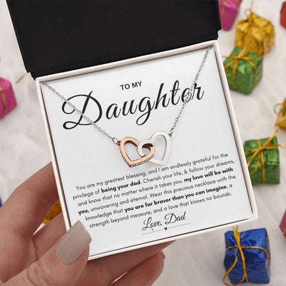 My Daughter, Gift From Dad, Inspirational Strength Gift, Daughter Necklace, Interlocking Hearts Necklace (Yellow & White Gold Variants)