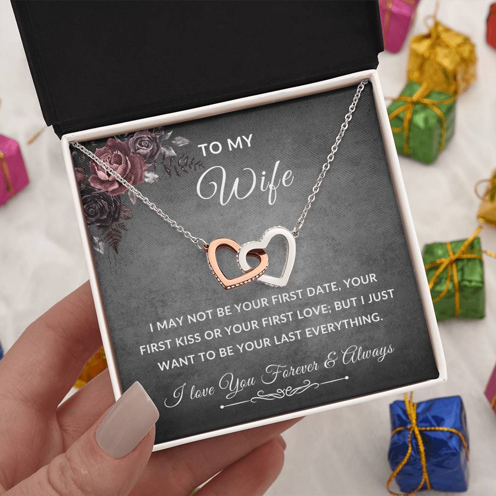 To My Wife Necklace With Message Card, Wife Gift From Husband, Anniversary Gift for Wife, Sentimental Gift for Wife, Birthday Gift for Wife. Interlocking Hearts Necklace (Yellow & White Gold Variants)