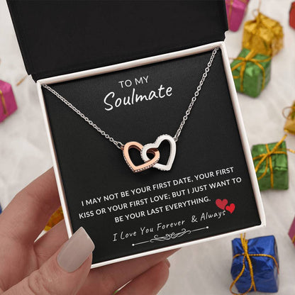 To My Soulmate Necklace With Message Card, Soulmate  Gift From Husband, Anniversary Gift for Wife, Sentimental Gift for Wife, Birthday Gift for Wife. Interlocking Hearts Necklace (Yellow & White Gold Variants)