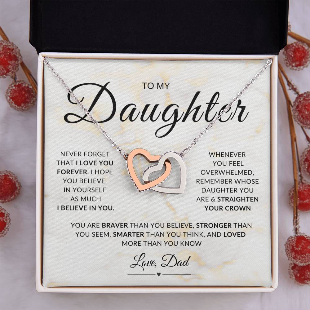 My Daughter, Gift From Dad, Inspirational Strength Gift, Daughter Necklace, Interlocking Hearts Necklace (Yellow & White Gold Variants)