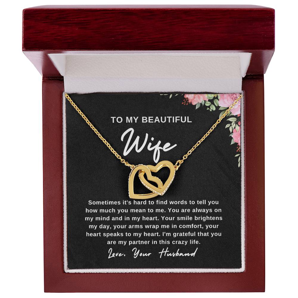 To My Wife Necklace With Message Card, Wife Gift From Husband, Anniversary Gift for Wife, Sentimental Gift for Wife, Birthday Gift for Wife. Interlocking Hearts Necklace (Yellow & White Gold Variants)