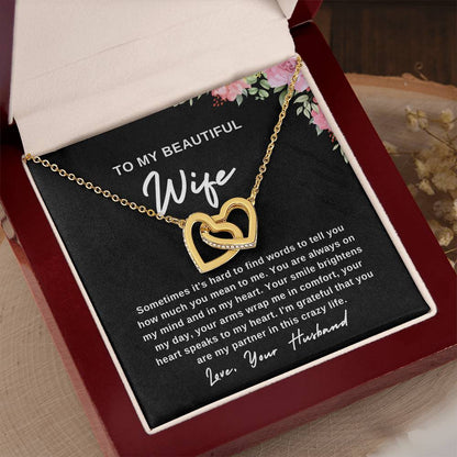 To My Wife Necklace With Message Card, Wife Gift From Husband, Anniversary Gift for Wife, Sentimental Gift for Wife, Birthday Gift for Wife. Interlocking Hearts Necklace (Yellow & White Gold Variants)