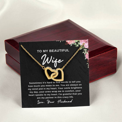 To My Wife Necklace With Message Card, Wife Gift From Husband, Anniversary Gift for Wife, Sentimental Gift for Wife, Birthday Gift for Wife. Interlocking Hearts Necklace (Yellow & White Gold Variants)