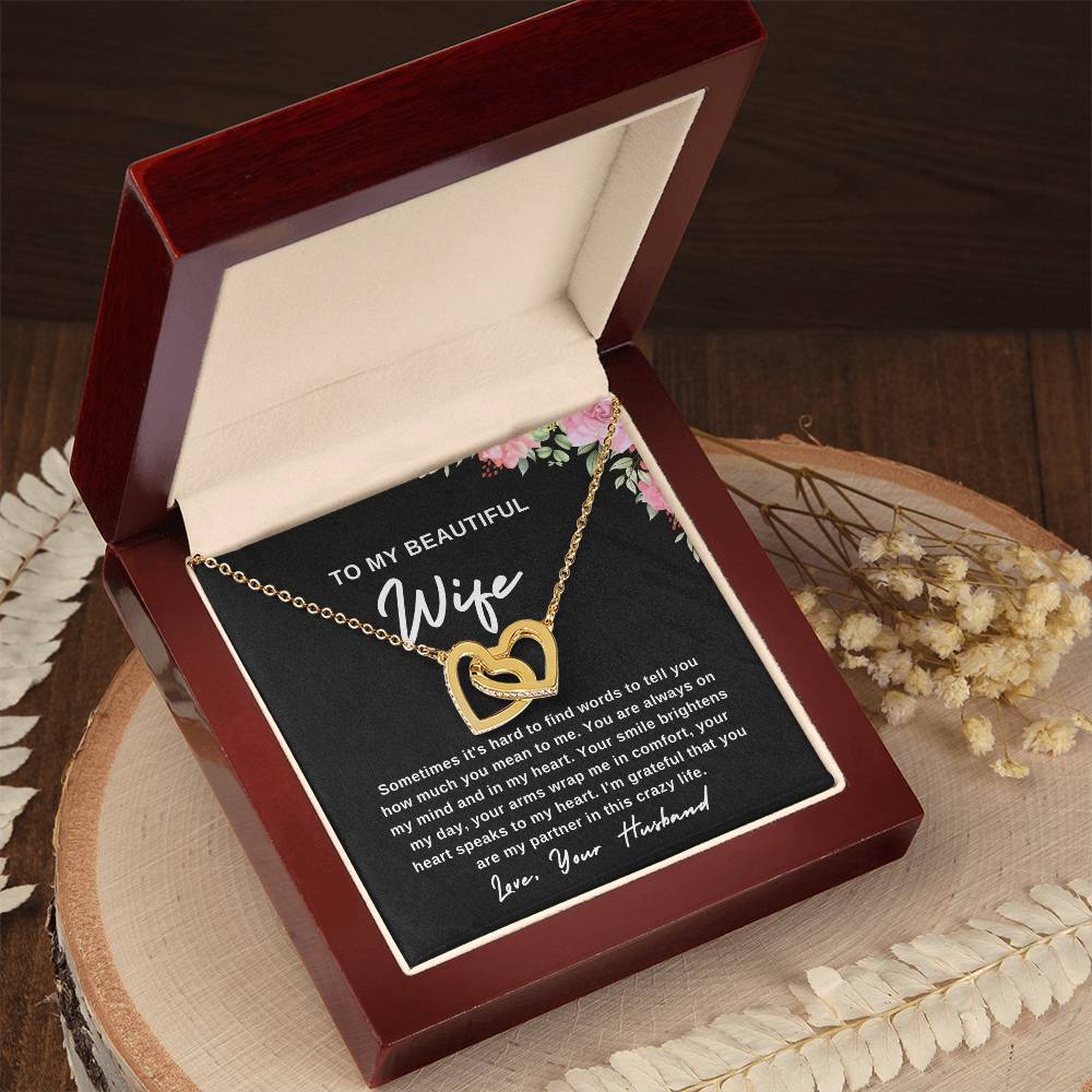 To My Wife Necklace With Message Card, Wife Gift From Husband, Anniversary Gift for Wife, Sentimental Gift for Wife, Birthday Gift for Wife. Interlocking Hearts Necklace (Yellow & White Gold Variants)