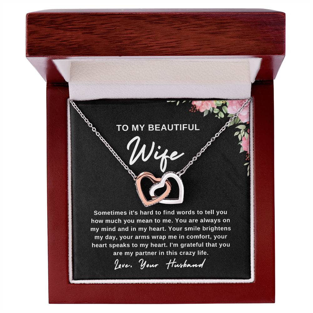 To My Wife Necklace With Message Card, Wife Gift From Husband, Anniversary Gift for Wife, Sentimental Gift for Wife, Birthday Gift for Wife. Interlocking Hearts Necklace (Yellow & White Gold Variants)