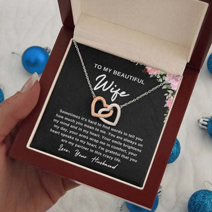 To My Wife Necklace With Message Card, Wife Gift From Husband, Anniversary Gift for Wife, Sentimental Gift for Wife, Birthday Gift for Wife. Interlocking Hearts Necklace (Yellow & White Gold Variants)