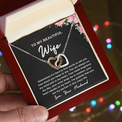 To My Wife Necklace With Message Card, Wife Gift From Husband, Anniversary Gift for Wife, Sentimental Gift for Wife, Birthday Gift for Wife. Interlocking Hearts Necklace (Yellow & White Gold Variants)