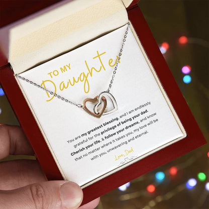 My Daughter, Gift From Dad, Inspirational Strength Gift, Daughter Necklace, Interlocking Hearts Necklace (Yellow & White Gold Variants)